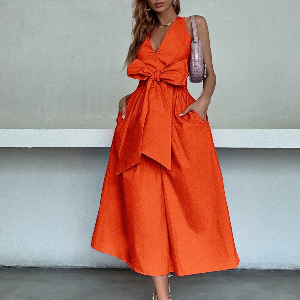 Brand New Big Bow Front Hidden Pocket Backless Dress orange